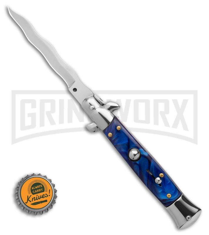 9" Anomaly Stiletto Blue Pearlex Automatic Knife - Satin Kriss 4 9" Anomaly Stiletto Blue Pearlex Automatic Knife - Satin Kriss - Image 4