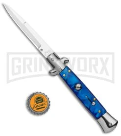 9" Anomaly Stiletto Blue Pearlex Automatic Knife - Satin Bayonet -Knife Store AKC 9in Blue Pearlex Acrylic Auto Italian Bayo Stiletto Satin GX 37998 jr bottlecap large