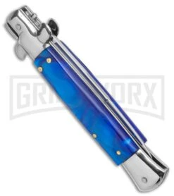9" Anomaly Stiletto Blue Pearlex Automatic Knife - Satin Bayonet -Knife Store AKC 9in Blue Pearlex Acrylic Auto Italian Bayo Stiletto Satin GX 37998 jr side large