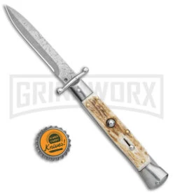 Automatic Italian Style Swinguard 9" Stag - Damascus Bayonet Blade -Knife Store AKC Swinguard 9in Stag Bayo Damascus GX 3647 jr bottlecap large