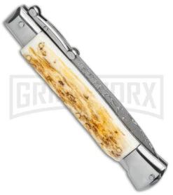 Automatic Italian Style Swinguard 9" Stag - Damascus Bayonet Blade -Knife Store AKC Swinguard 9in Stag Bayo Damascus GX 3647 jr side large