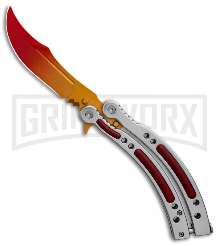 Andux CS Balisong Silver Butterfly Knife W/ Red Inlays - Bowie Gold/Red Plain 1 Andux CS Balisong Silver Butterfly Knife W/ Red Inlays - Bowie Gold/Red Plain