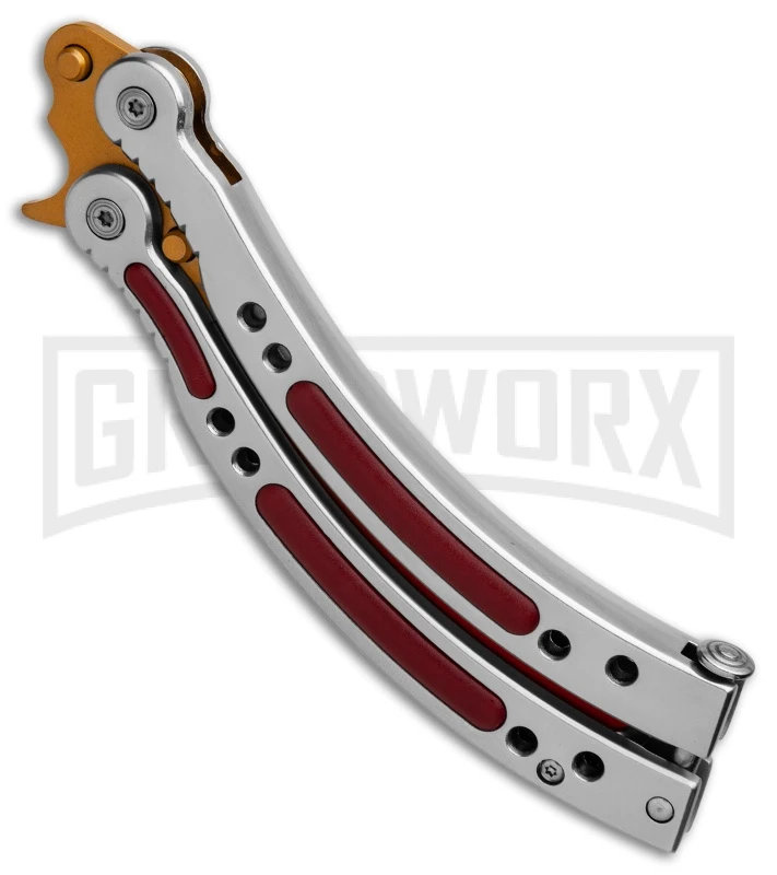 Andux CS Balisong Silver Butterfly Knife W/ Red Inlays - Bowie Gold/Red Plain 2 Andux CS Balisong Silver Butterfly Knife W/ Red Inlays - Bowie Gold/Red Plain - Image 2