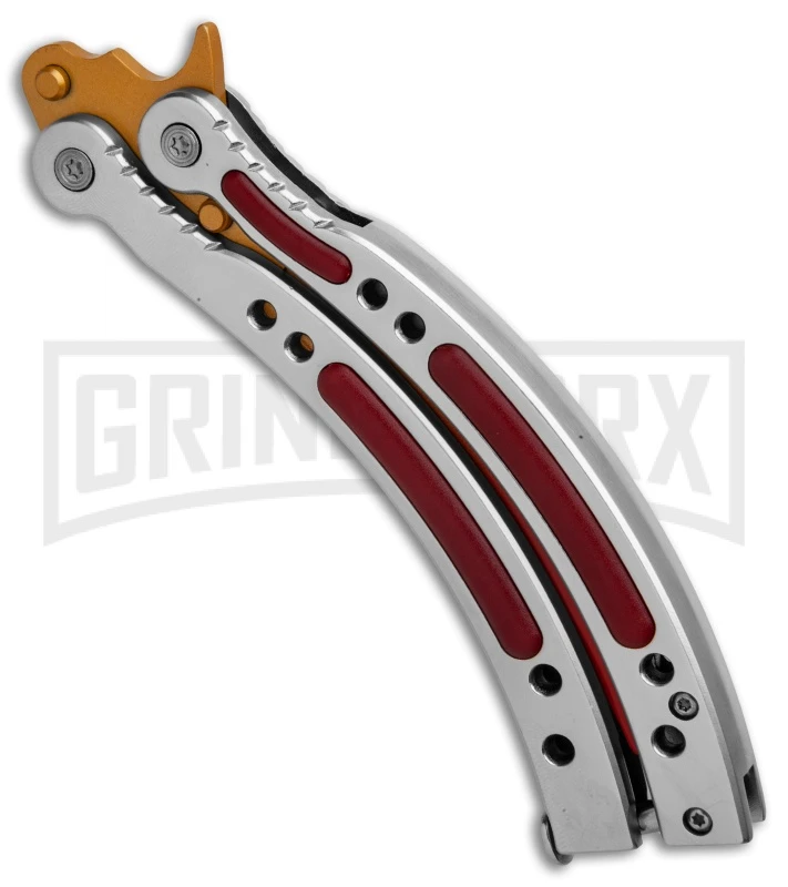 Andux CS Balisong Silver Butterfly Knife W/ Red Inlays - Bowie Gold/Red Plain 3 Andux CS Balisong Silver Butterfly Knife W/ Red Inlays - Bowie Gold/Red Plain - Image 3