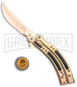 Andux CS Gold Balisong Butterfly Knife W/Black Inlays- Plain -Knife Store Andux CS Gold Balisong Butterfly Black Inlay Bowie Plain GX 35606 jr bottlecap large