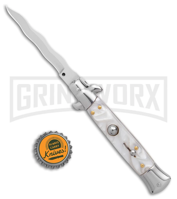9" Anomaly Stiletto White Pearlex Automatic Knife - Kriss Satin Plain 4 9" Anomaly Stiletto White Pearlex Automatic Knife - Kriss Satin Plain - Image 4