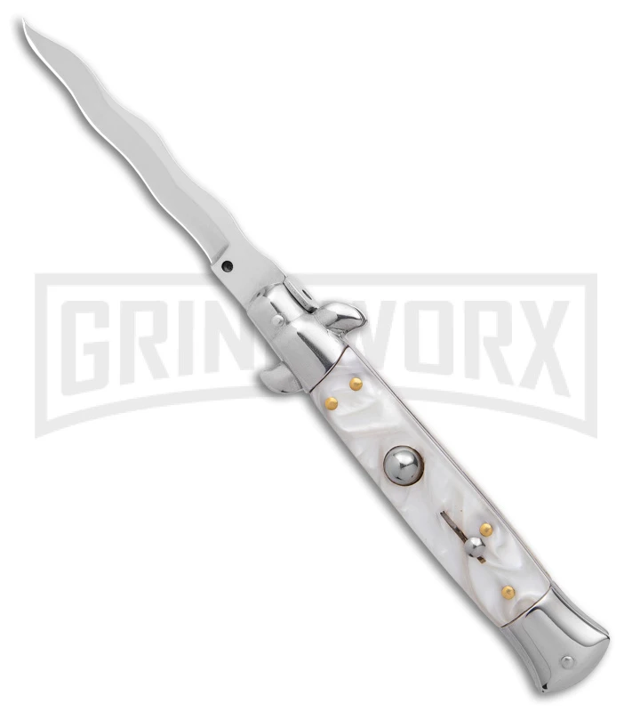 9" Anomaly Stiletto White Pearlex Automatic Knife - Kriss Satin Plain 1 9" Anomaly Stiletto White Pearlex Automatic Knife - Kriss Satin Plain