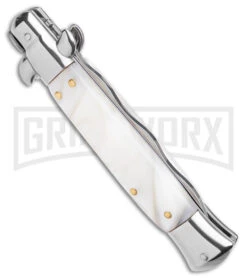 9" Anomaly Stiletto White Pearlex Automatic Knife - Kriss Satin Plain 6 9" Anomaly Stiletto White Pearlex Automatic Knife - Kriss Satin Plain -Knife Store Anomally 9in Stiletto White Pearlex Auto Satin Kriss BHQ 163544 jr side large
