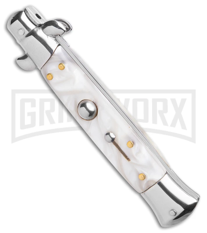 9" Anomaly Stiletto White Pearlex Automatic Knife - Kriss Satin Plain 2 9" Anomaly Stiletto White Pearlex Automatic Knife - Kriss Satin Plain - Image 2