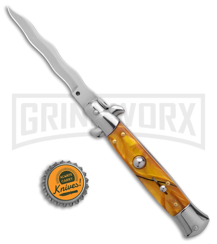 9" Anomaly Stiletto Yellow Pearlex Automatic Knife - Satin Kriss 4 9" Anomaly Stiletto Yellow Pearlex Automatic Knife - Satin Kriss - Image 4