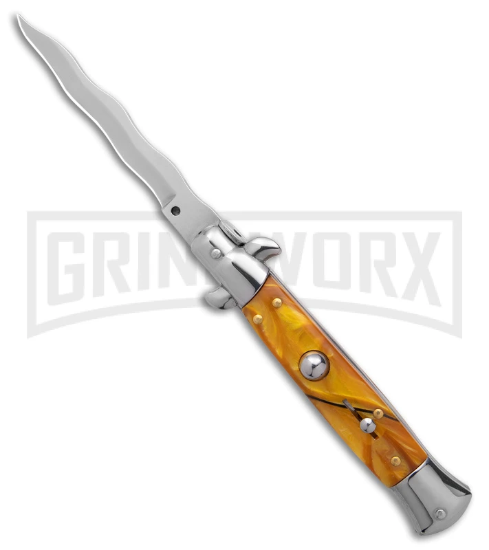 9" Anomaly Stiletto Yellow Pearlex Automatic Knife - Satin Kriss 1 9" Anomaly Stiletto Yellow Pearlex Automatic Knife - Satin Kriss