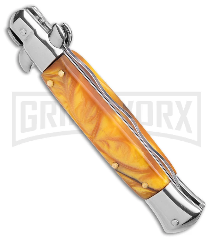 9" Anomaly Stiletto Yellow Pearlex Automatic Knife - Satin Kriss 3 9" Anomaly Stiletto Yellow Pearlex Automatic Knife - Satin Kriss - Image 3