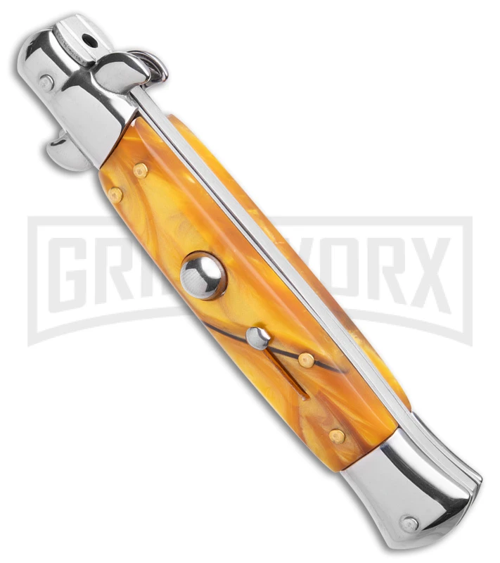 9" Anomaly Stiletto Yellow Pearlex Automatic Knife - Satin Kriss 2 9" Anomaly Stiletto Yellow Pearlex Automatic Knife - Satin Kriss - Image 2
