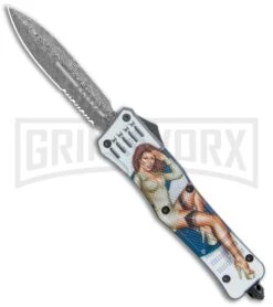 Atomic Defender Large OTF Automatic Knife Pin Up Gray - Serr Damascus Dagger