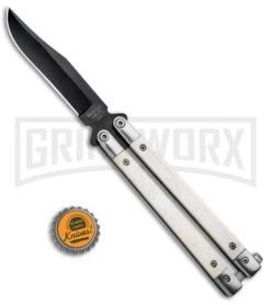 Bear And Son White Smooth Bone Balisong Butterfly Knife - Black Plain 7 Bear And Son White Smooth Bone Balisong Butterfly Knife - Black Plain -Knife Store Bear Butterfly Knife White Smooth Bone Handle Black WSB17 BHQ 14380 jr bottlecap large