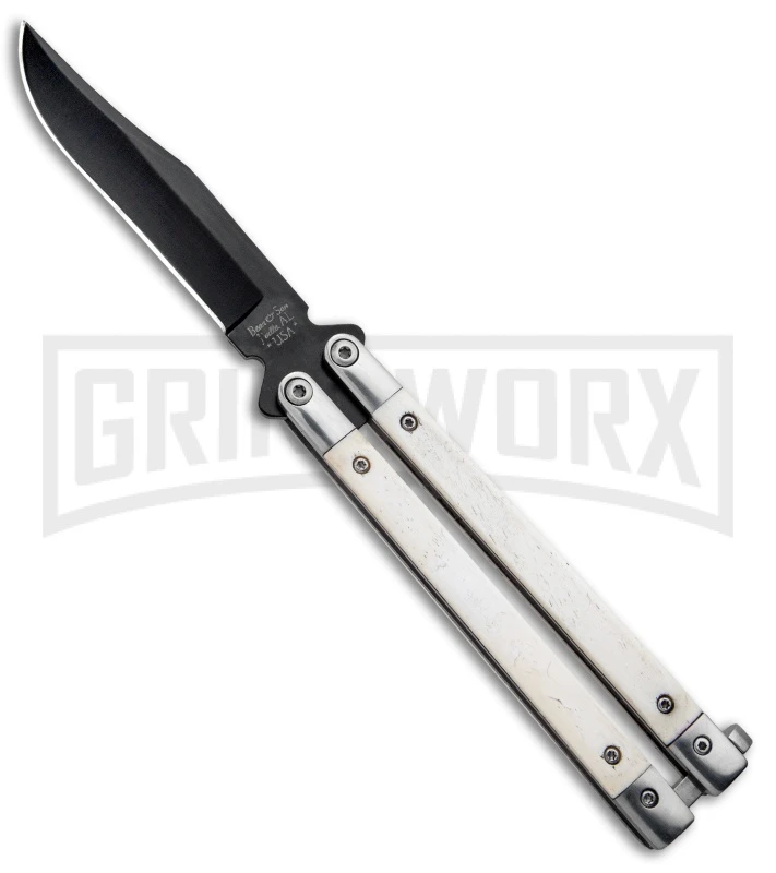 Bear And Son White Smooth Bone Balisong Butterfly Knife - Black Plain 1 Bear And Son White Smooth Bone Balisong Butterfly Knife - Black Plain