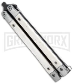 Bear And Son White Smooth Bone Balisong Butterfly Knife - Black Plain 6 Bear And Son White Smooth Bone Balisong Butterfly Knife - Black Plain -Knife Store Bear Butterfly Knife White Smooth Bone Handle Black WSB17 BHQ 14380 jr side large