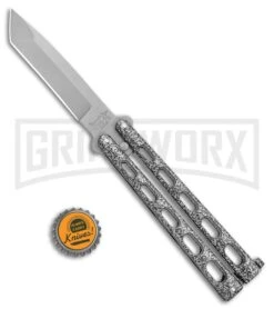Bear & Son Knives 114A Large Silver Balisong Butterfly Knife - Blasted Tanto -Knife Store Bear Butterfly Tanto Large Silver Vein BB BHQ 0663 jr bottlecap large