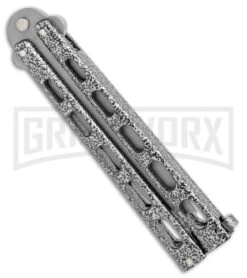 Bear & Son Knives 114A Large Silver Balisong Butterfly Knife - Blasted Tanto -Knife Store Bear Butterfly Tanto Large Silver Vein BB BHQ 0663 jr side large