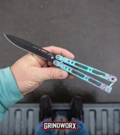 Bear Ops Bear Song IV Cyan Speckle Blue Butterfly Knife - Black -Knife Store Bear Ops Bear Song IV Butterfly Knife Cyan Speckle Blue Black BHQ 83465 kp in hand web large