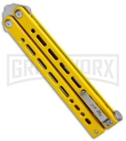 Bear Ops Bear Song VIII Yellow Butterfly Knife - Tanto Satin Plain -Knife Store Bear Ops Bear Song VIII Butterfly Yellow Tanto Satin B 810 SSYW S BHQ 124341 jr side large