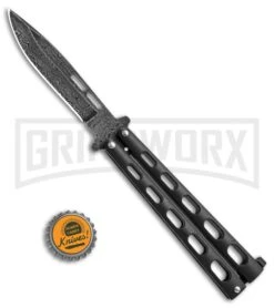 Bear & Son 115D Black Butterfly Knife - Damascus Plain -Knife Store Bear Son Butterfly black damascus BHQ 50074 er size jr large