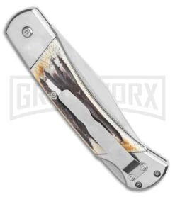 Bear And Son Stag Bone Automatic Lockback Knife - Satin Plain -Knife Store Bear and Son Automatic Lockback Knife Stag Bone 5 Satin BHQ 120298 LS Side large
