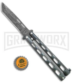 Bear & Son 115 Galaxy Butterfly Knife - Damascus Tanto Plain -Knife Store Bear and Son Butterfly Knife Black Sparkles Damascus Tanto BHQ 141056 jr bottlecap large