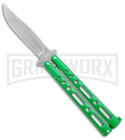Benchmark Green Epoxy Steel Butterfly Knife - Stonewash Plain