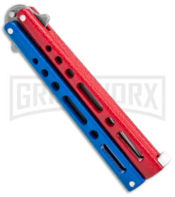 Benchmark Red & Blue Epoxy Steel Butterfly Knife - Stonewash Plain 6 Benchmark Red & Blue Epoxy Steel Butterfly Knife - Stonewash Plain -Knife Store Benchmark Butterfly Red White Blue SW BHQ 143934 jr side large