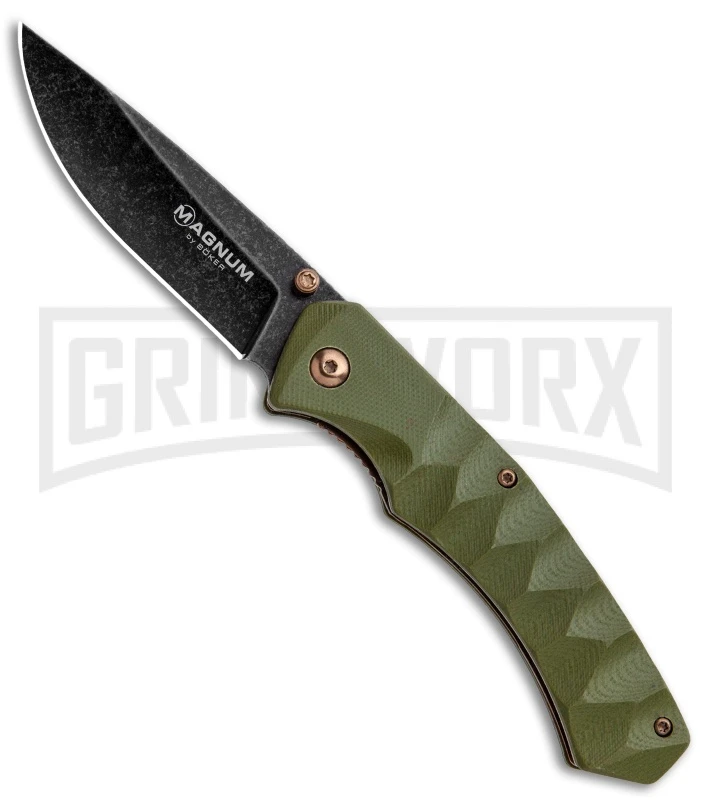 Boker Magnum Iguanodon OD Green G-10 Liner Lock Knife - Black SW Plain 1 Boker Magnum Iguanodon OD Green G-10 Liner Lock Knife - Black SW Plain