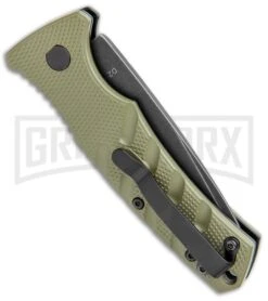 Boker Mini Strike Automatic Knife OD Green - Drop Point Black SW Plain -Knife Store Boker Mini Strike Auto OD Green Smokewash 01BO437NSOI BHQ 99630 jr side large