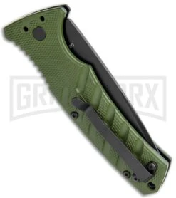 Boker Plus Strike OD Green Automatic Knife - Drop Point Black Plain -Knife Store Boker Plus Strike DP Auto OD Green Black BHQ 97033 jr side large