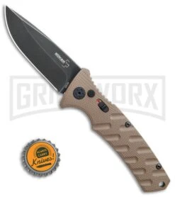Boker Plus Strike Coyote Brown Automatic Knife - D2 Drop Point Black SW -Knife Store Boker Plus Strike drop point coyote brown black sw BHQ 67882 er bottlecap jr large