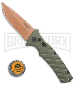 Boker Plus Strike Desert Warrior OD Green Automatic Knife - D2 Drop Point Copper -Knife Store Boker Strike drop point Desert Warrior OD Green copper BHQ 70998 er bottlecap large