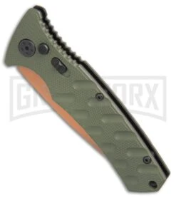Boker Plus Strike Desert Warrior OD Green Automatic Knife - D2 Drop Point Copper -Knife Store Boker Strike drop point Desert Warrior OD Green copper BHQ 70998 er spine large