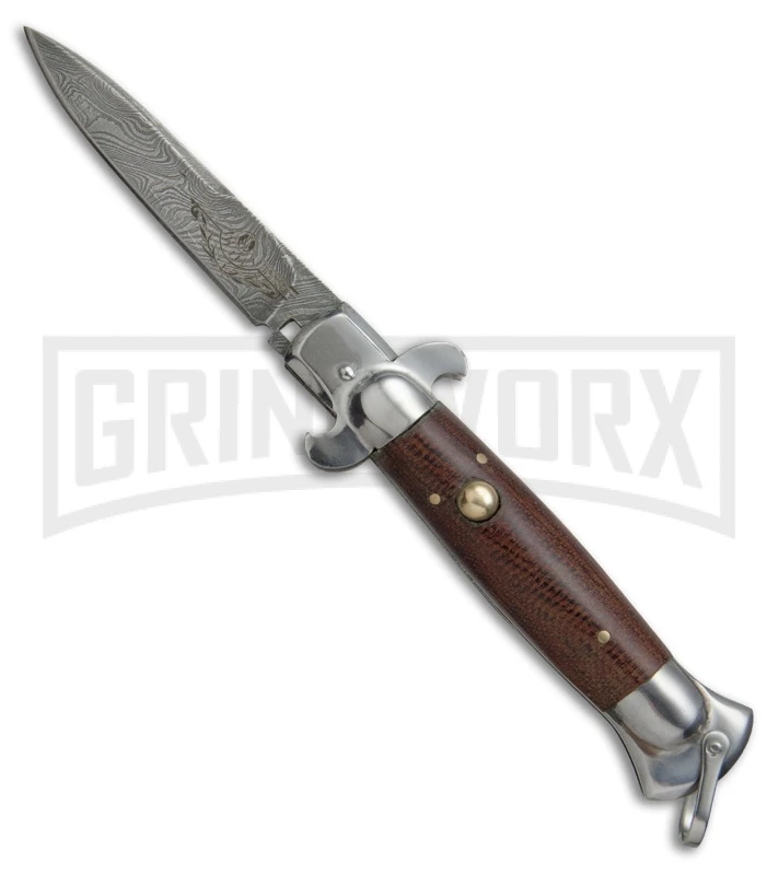 9" Medteh Brown Micarta Russian Stiletto Automatic Knife - Damascus Plain 1 9" Medteh Brown Micarta Russian Stiletto Automatic Knife - Damascus Plain