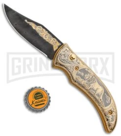 Custom Russian Gold Lion Automatic Knife - Damascus Plain -Knife Store Custom Russian Gold Lion Auto Damascus RV HC3 LION DAM GX 31050 jr bottlecap large