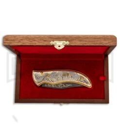 Custom Russian Gold Lion Automatic Knife - Damascus Plain -Knife Store Custom Russian Gold Lion Auto Damascus RV HC3 LION DAM GX 31050 jr box large