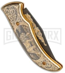 Custom Russian Gold Lion Automatic Knife - Damascus Plain -Knife Store Custom Russian Gold Lion Auto Damascus RV HC3 LION DAM GX 31050 jr side large