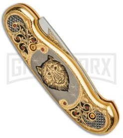 Custom Russian Gold Wolf Automatic Knife - Polish Plain -Knife Store Custom Russian Gold Wolf Auto Polish RV HC2M WOLF GX 31047 jr side large