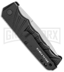 Delta Force Automatic Knife Black Aluminum - Satin Partially Serrated -Knife Store Delta Force Auto Black Molded Plastic Satin Partially Serrated GX 33540 jr side large