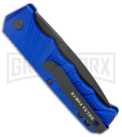 Delta Force Blue Auto Knife - Black Serrated -Knife Store Delta Force Auto Blue Aluminum Black Serr GX 38231 jr side large 1