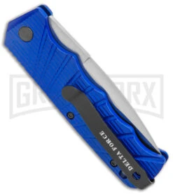 Delta Force Automatic Knife Blue Aluminum - Satin Serr -Knife Store Delta Force Auto Blue Aluminum Satin Serr GX 38090 jr side large