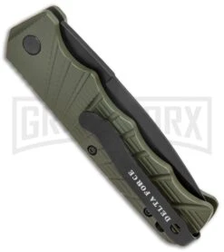 Delta Force Automatic Knife OD Green Aluminum Drop Point - Black Plain -Knife Store Delta Force Auto Knife Green Aluminum Black GX 38060 jr side large