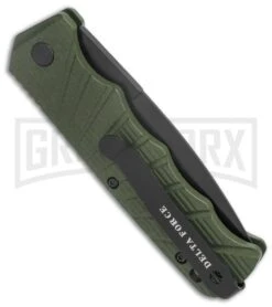 Delta Force Automatic Knife OD Green Aluminum Drop Point - Black Serr -Knife Store Delta Force Auto OD Green Aluminum DP Black Serr GX 38233 jr side large