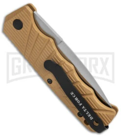 Delta Force Tan Automatic Knife - Satin Plain -Knife Store Delta Force Auto Tan Aluminum Satin GX 38230 jr side large