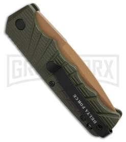 Delta Force Automatic Knife OD Green Aluminum Drop Point - Tan Plain -Knife Store Delta Force Automatic Knife OD Green Aluminum Drop Point Tan Plain GX 42318 td side large