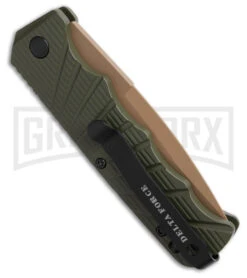 Delta Force Automatic Knife OD Green Aluminum Drop Point - Tan Serr -Knife Store Delta Force Automatic Knife OD Green Aluminum Drop Point Tan Serr GX 42238 td side large