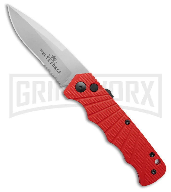 Delta Force Automatic Knife Red Aluminum - Satin Serrated 1 Delta Force Automatic Knife Red Aluminum - Satin Serrated